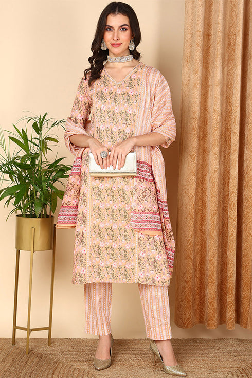 Plus Size Peach Pure Cotton Floral Printed Straight Suit Set
